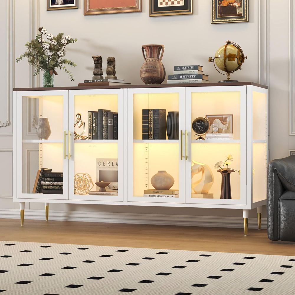 Coffee & Tea Restaurant - LED-Illuminated Glass Sideboard Cabinet, Metal &