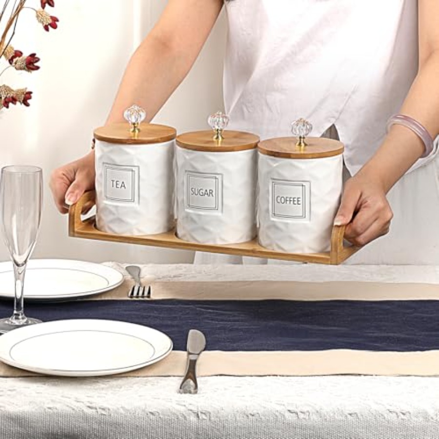 Set of 3 Ceramic Canisters Set - Canister Coffee Sugar Tea review and price